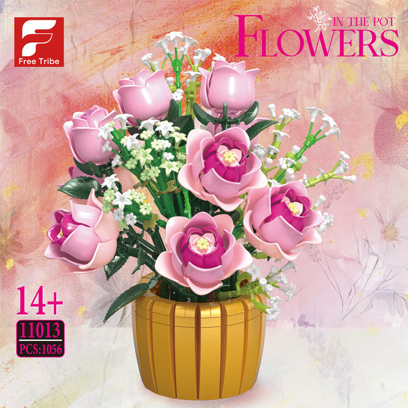 Blush Rose Pot Display | Brick-Built Flower Set (1,056 pcs)