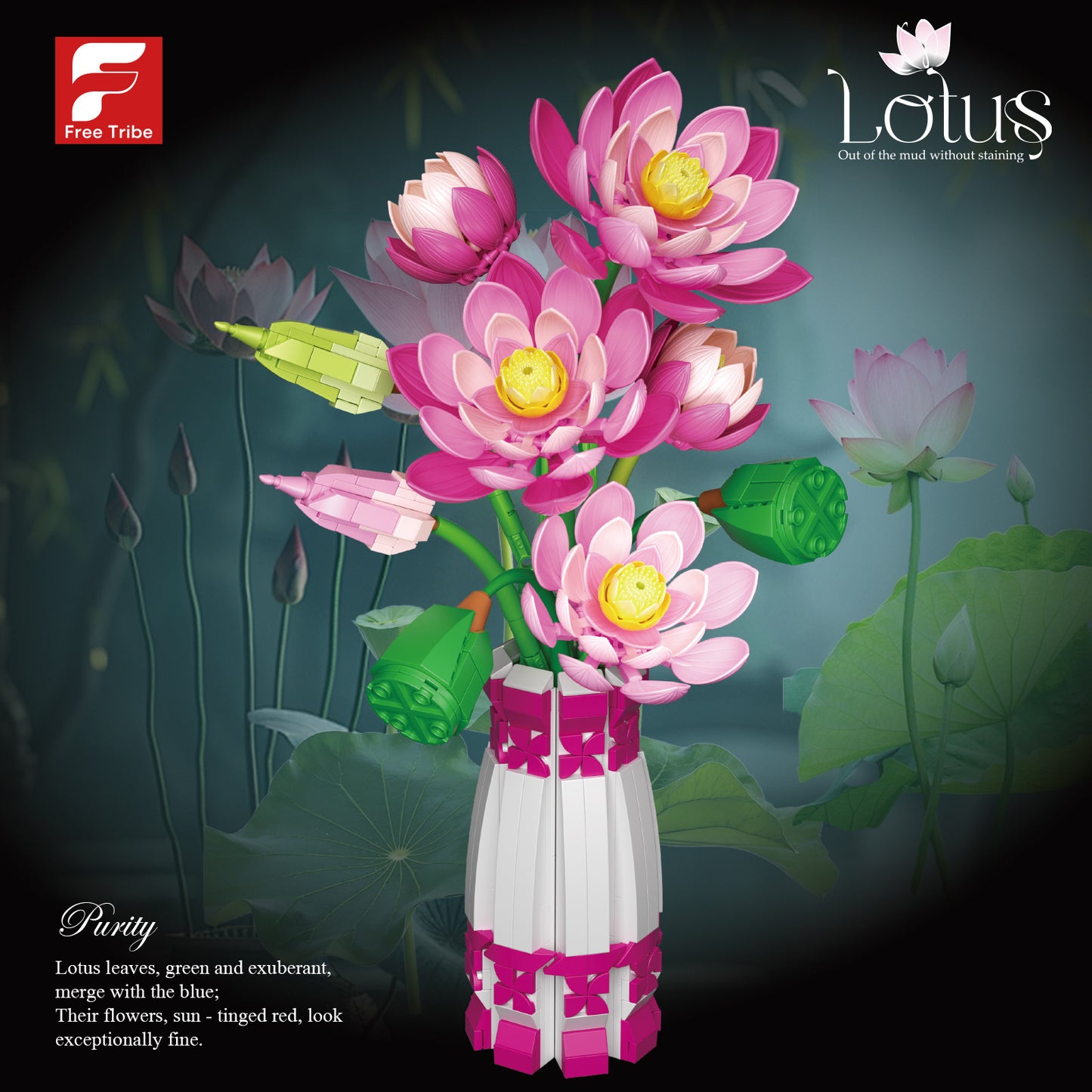 Pink Lotus Vase Arrangement | Brick-Built Flower Set (710 pcs)